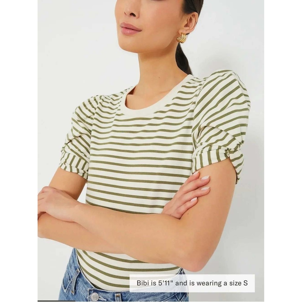 Pomander Place Women XXL Olive Striped Vesty Puff Short Sleeve Crewneck Y23139T